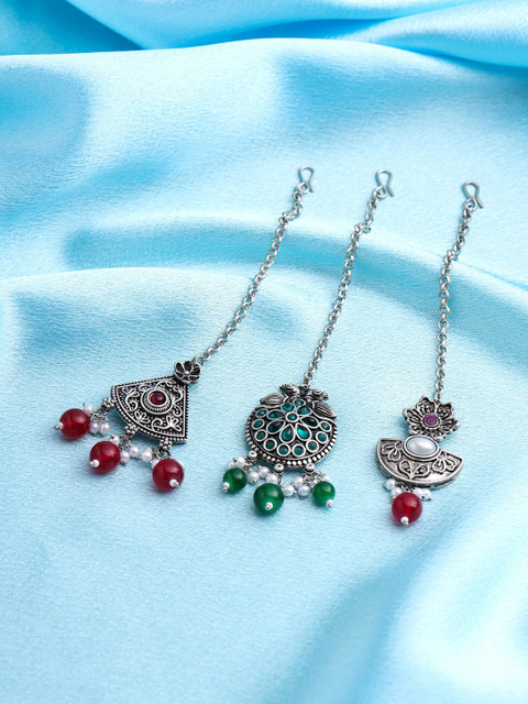 Yellow Chimes Set Of 3 Silver-Plated Stone-Studded & Pearls-Beaded Maang Tikka