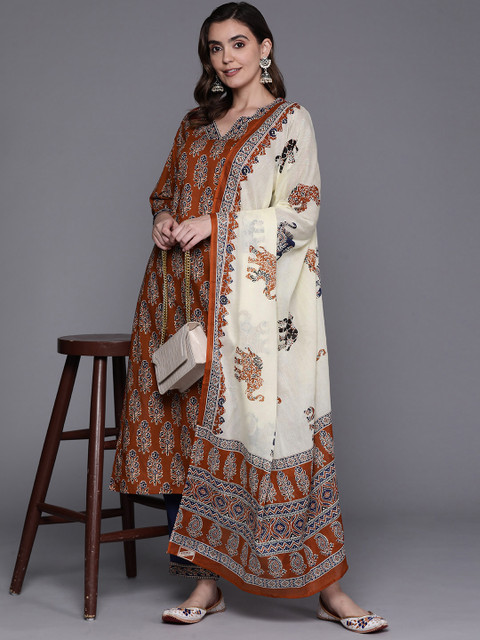 Indo Era Women Ethnic Motifs Printed Pure Cotton Kurta with Trousers & With Dupatta