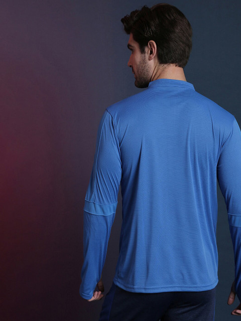 Campus Sutra Blue Striped Mandarin Collar Dry Fit T-shirt - Image 5
