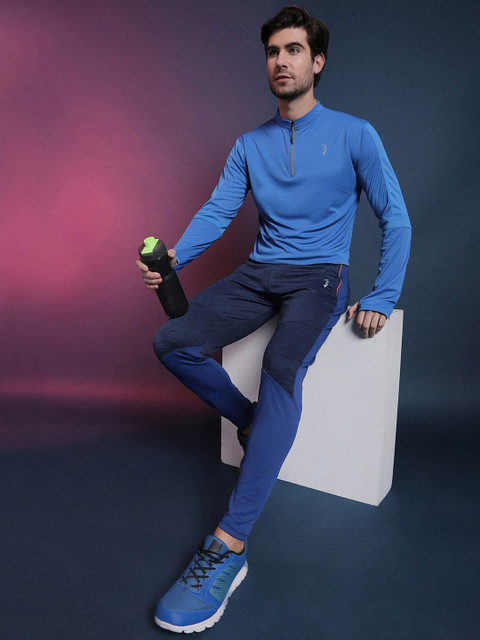 Campus Sutra Blue Striped Mandarin Collar Dry Fit T-shirt - Image 6