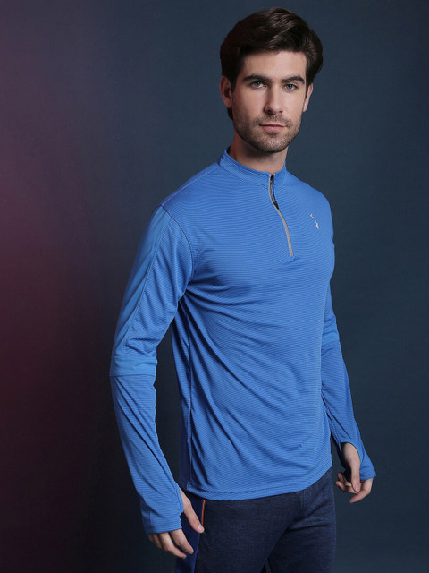 Campus Sutra Blue Striped Mandarin Collar Dry Fit T-shirt - Image 3