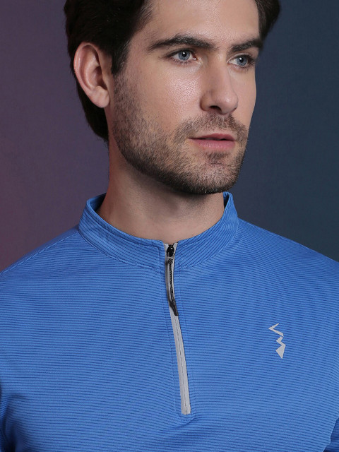 Campus Sutra Blue Striped Mandarin Collar Dry Fit T-shirt - Image 2