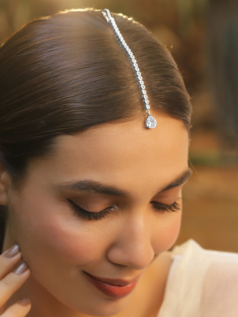 Rubans Rhodium-Plated Cubic Zirconia Studded & AD Drop Handcrafted Maang Tikka