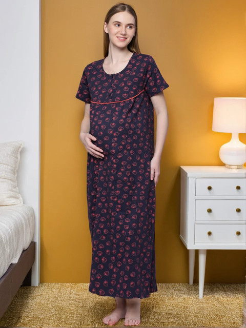 Kryptic Conversational Printed Pure Cotton Maternity Maxi Nightdress