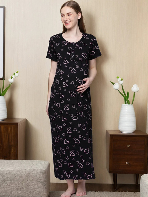 Kryptic Conversational Printed Pure Cotton Maternity Maxi Nightdress