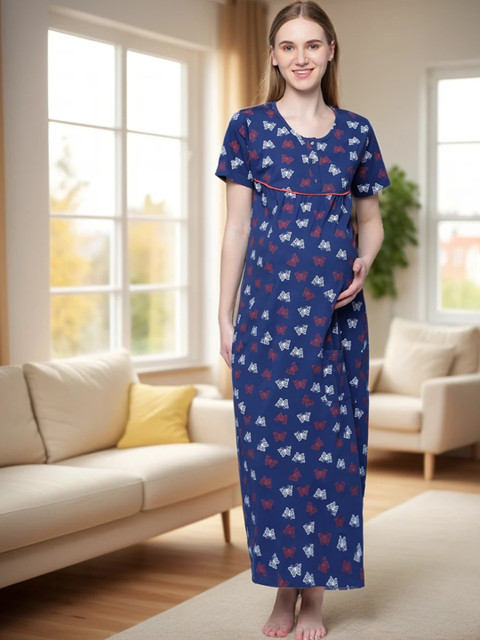 Kryptic Conversational Printed Pure Cotton Maternity Maxi Nightdress
