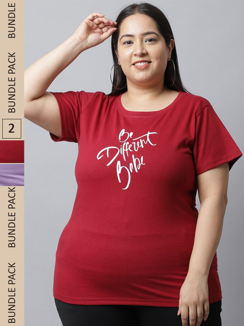 UnaOne Plus Size Pack Of 2 Typography Printed Regular Fit Cotton T-shirts