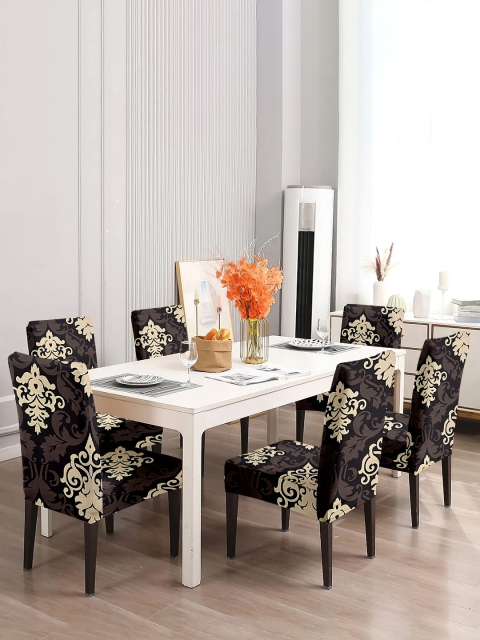 Cortina Black & Beige 6 Pieces Ethnic Motif Printed Super Stretchable Dining Chair Covers - Image 3