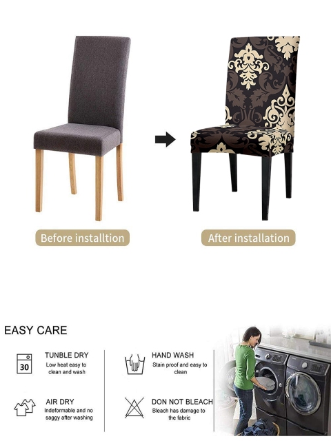 Cortina Black & Beige 6 Pieces Ethnic Motif Printed Super Stretchable Dining Chair Covers - Image 5