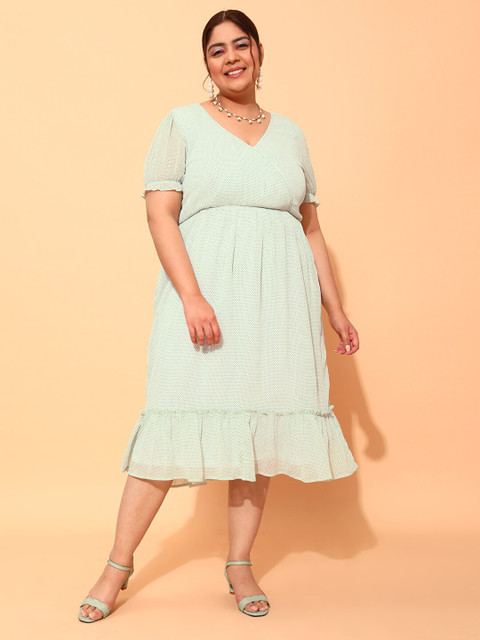 CURVY STREET Plus Size Polka Dot Printed Puff Sleeve A-Line Dress
