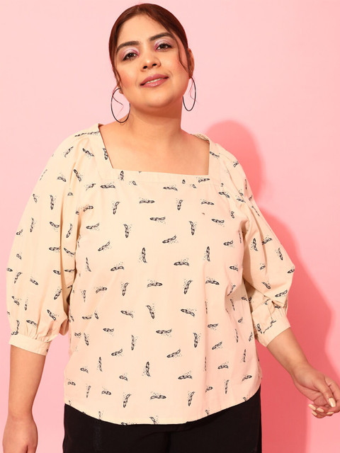 CURVY STREET Plus Size Floral Printed Square Neck Crepe Top