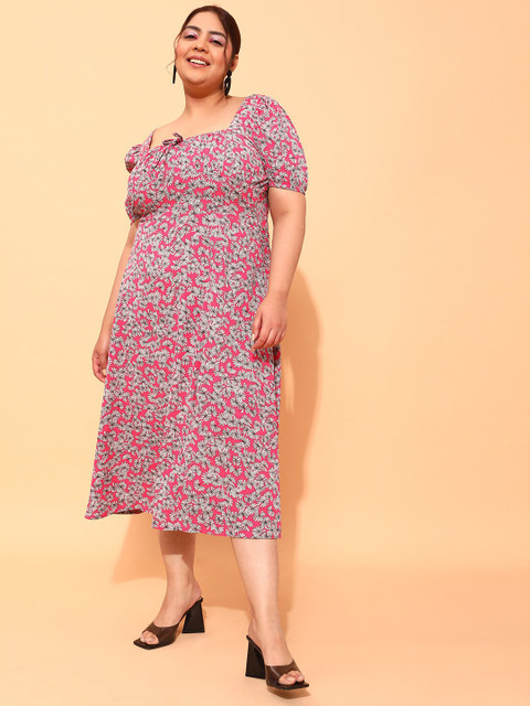 CURVY STREET Plus Size Floral Printed Square Neck Empire Dress
