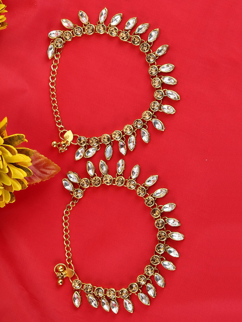 ANIKAS CREATION Gold-Plated Kundan-Studded Anklets