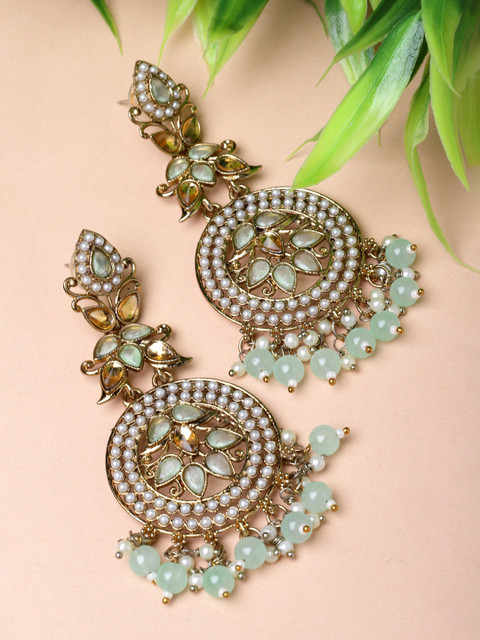 ZENEME Gold Plated Kundan Studded Pearl Beadded Dangler Earrings