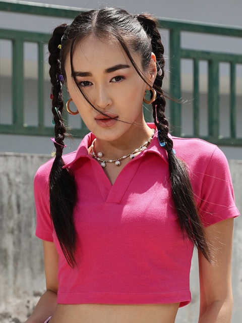 STREET 9 BASICS Fuchsia Polo Collar Pure Cotton Crop T-shirt