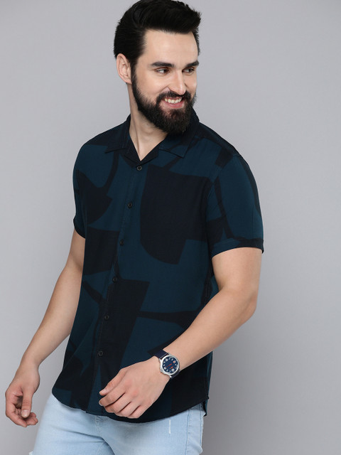 HERE&NOW Men Navy Blue Slim Fit Opaque Casual Shirt - Image 3