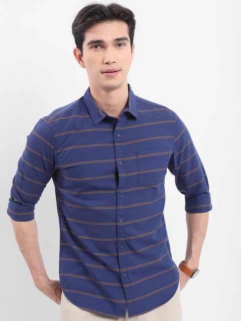 HIGHLANDER Navy Blue Striped Slim Fit Casual Shirt