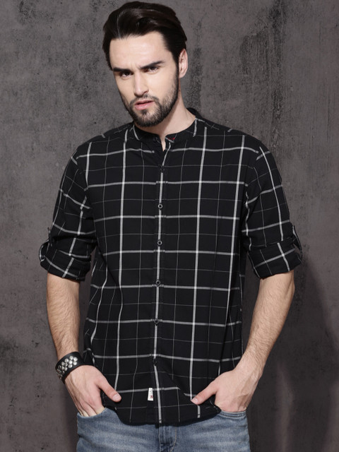 Roadster Men Black & Grey Regular Fit Checked Casual Shirt