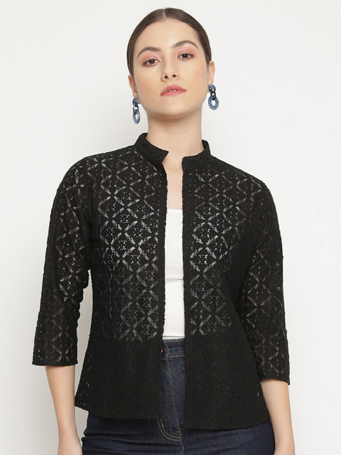 UnaOne Women Self Design Lace Mandarin Collar Open Front Pure Cotton Shrug