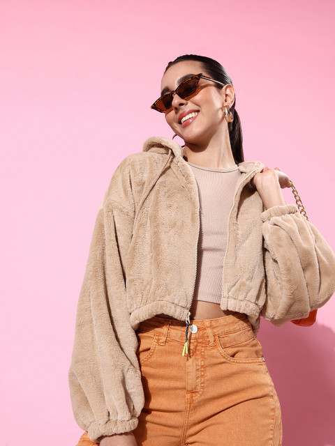 The Roadster Life Co. Solid Hooded Fur Crop Sweatshirt