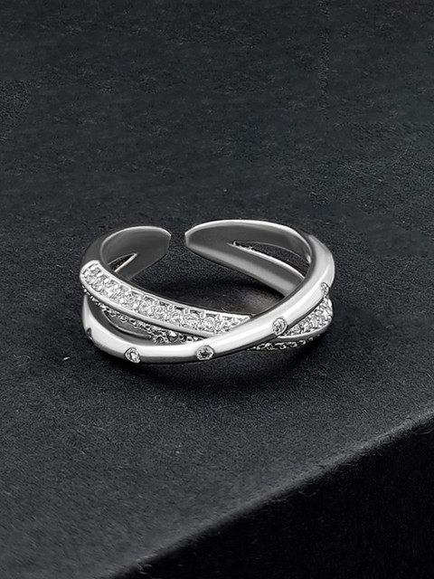 Saizen 925 Sterling Silver Silver-Plated CZ-Studded Adjustable Finger Ring