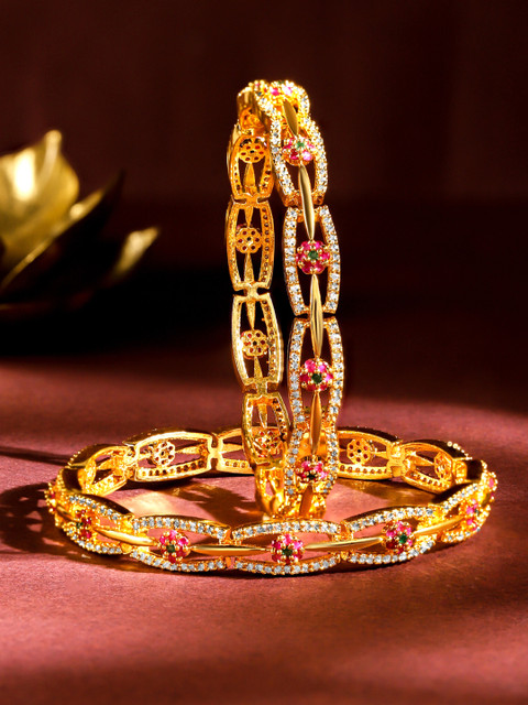 Rubans Set of 2 24K Gold Plated White Red and Green Kundan & CZ Studded Bangles