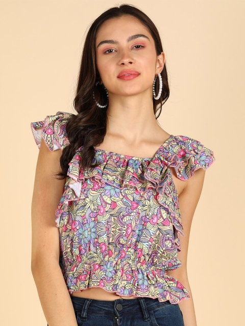 ZNX Clothing Floral Printed Ruffles Cinched Waist Crop Top