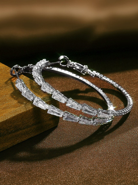 Peora Silver-Plated Contemporary American Diamond Studded Hoop Earrings