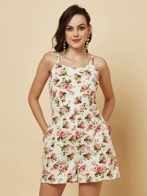 RAASSIO Floral Printed Shoulder Straps Cotton Playsuit