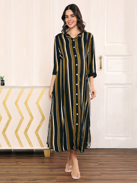 MomToBe Striped Slit Maternity Midi Shirt Dress