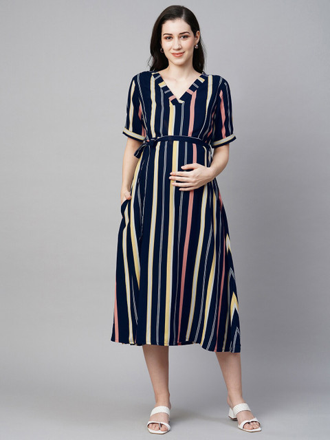 MomToBe Striped V-Neck Maternity Midi A-Line Dress With Belt