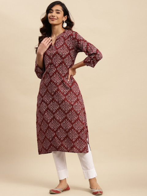 Sangria Maroon Bandhani Printed Pure Cotton Straight Kurta