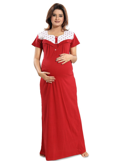 Fabme Square Neck Pure Cotton Maternity Maxi Nightdress