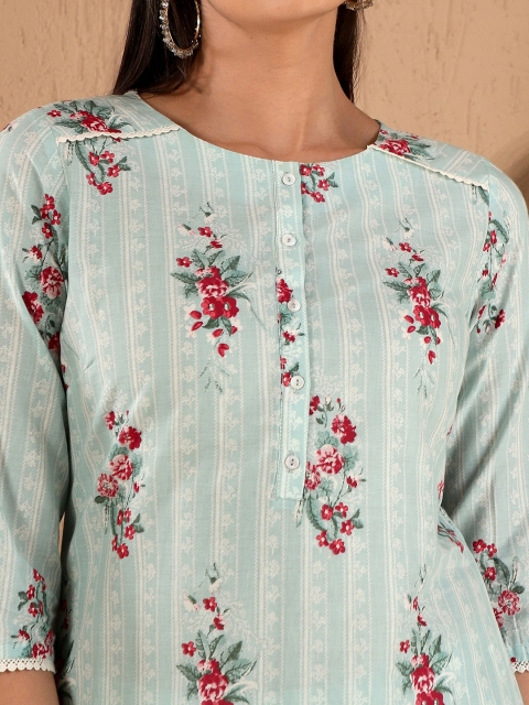 W Floral Print Cotton Kurta With Straight Pant & Dupatta - Image 2