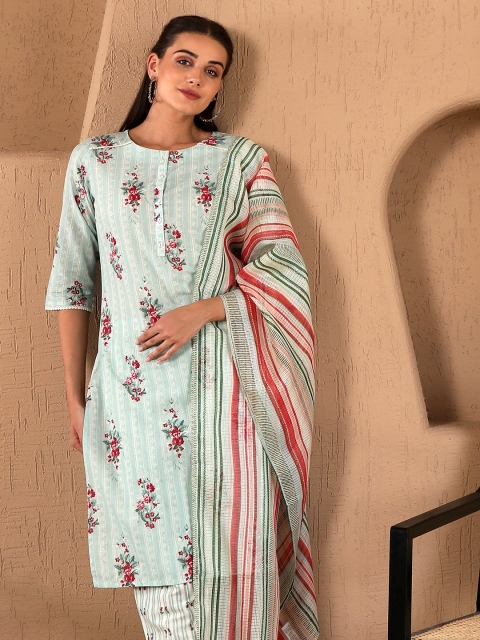W Floral Print Cotton Kurta With Straight Pant & Dupatta - Image 7