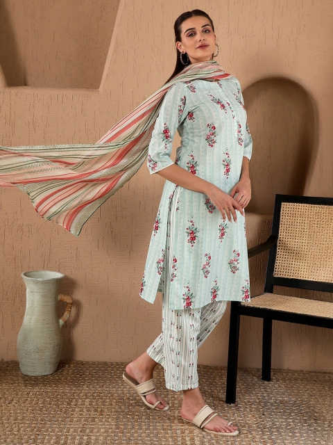 W Floral Print Cotton Kurta With Straight Pant & Dupatta - Image 4