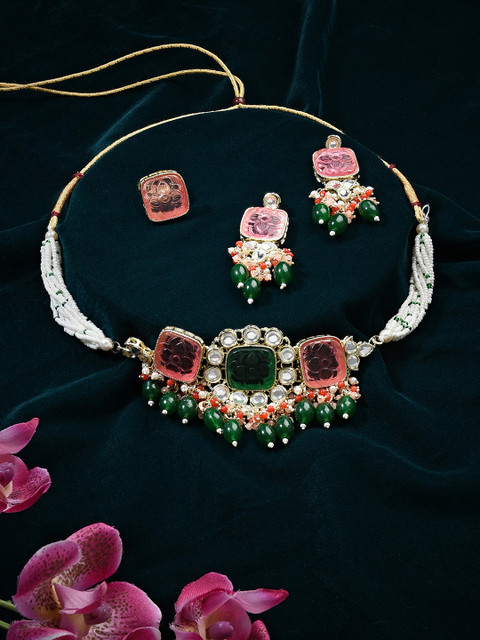 Zaveri Pearls Gold-Plated Stone-Studded & Beaded Jewellery Set