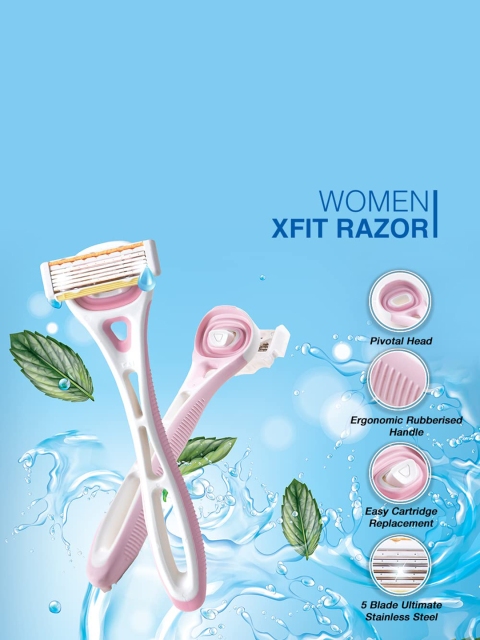 KAI Women Xfit 5-Blade Body Razor with 3D Pivot Handle & 2 Cartridges - Pink & White - Image 4