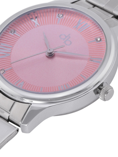 DressBerry Women Pink Brass Embellished Dial & Steel Toned Stainless Steel Textured Straps Analogue Watch - Image 4