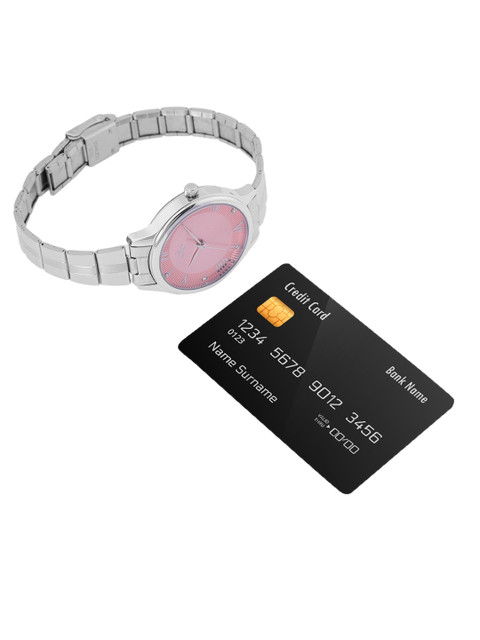 DressBerry Women Pink Brass Embellished Dial & Steel Toned Stainless Steel Textured Straps Analogue Watch - Image 7