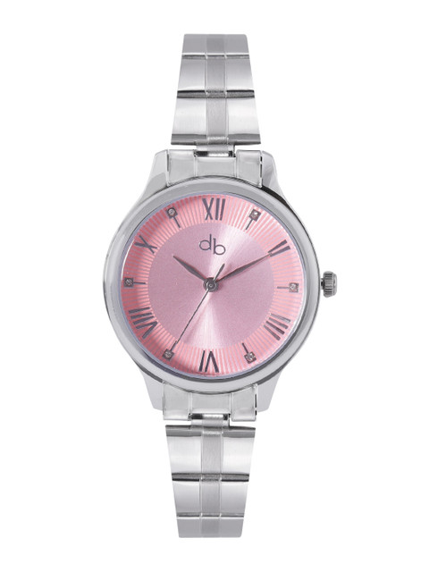 DressBerry Women Pink Brass Embellished Dial & Steel Toned Stainless Steel Textured Straps Analogue Watch