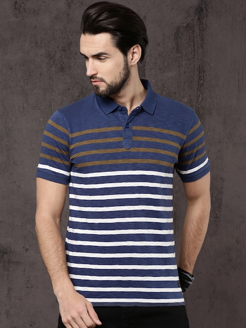 Roadster Men Blue & White Striped Slub Effect Polo T-shirt