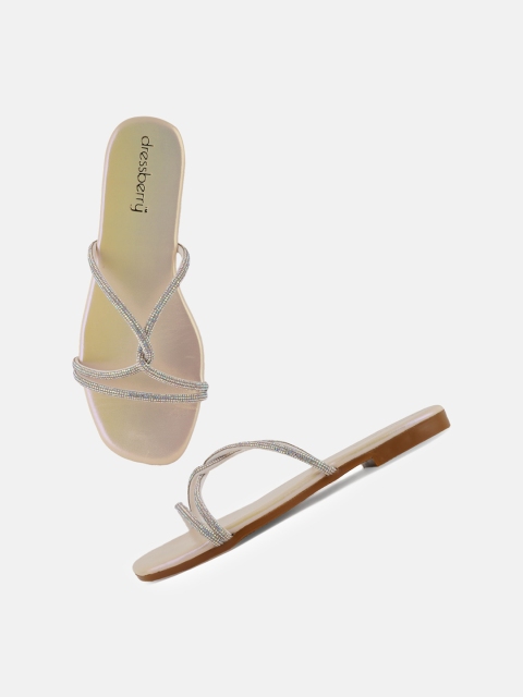 DressBerry Gold-Toned Embellished Open Toe Flats - Image 2