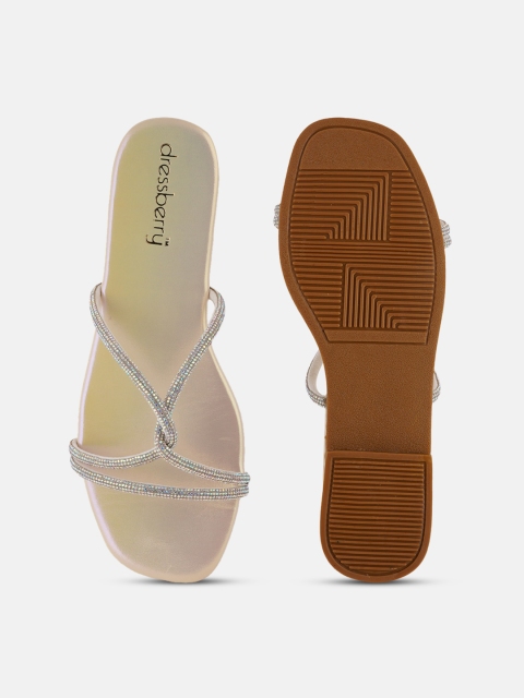 DressBerry Gold-Toned Embellished Open Toe Flats - Image 6