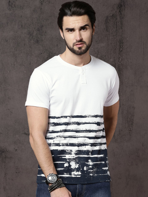 Roadster Men White Printed Henley Neck T-shirt