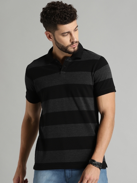 Roadster Men Black & Charcoal Grey Striped Polo T-shirt