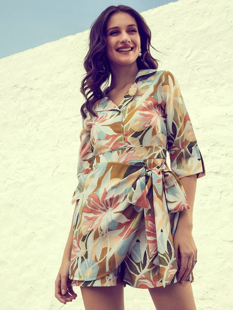 Athena Cream-Coloured & Teal Linen Printed Jumpsuit