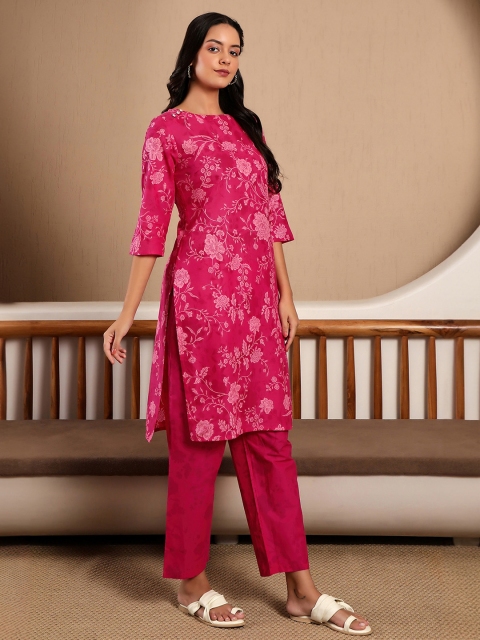 W Pink Floral Printed Straight Pure Cotton Kurta with Trousers - Image 4