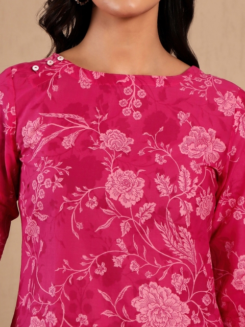W Pink Floral Printed Straight Pure Cotton Kurta with Trousers - Image 2