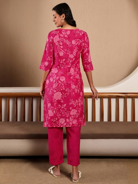 W Pink Floral Printed Straight Pure Cotton Kurta with Trousers - Image 6